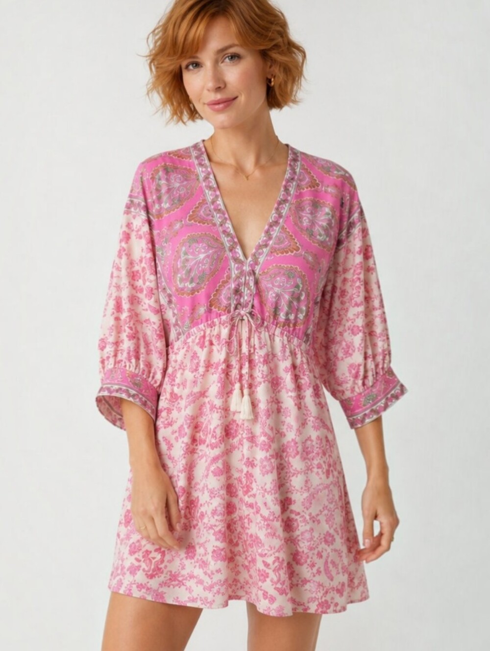 Aakaa "Sasha" Dolman Sleeve Mini Dress – Pink Floral Boho | Size Large